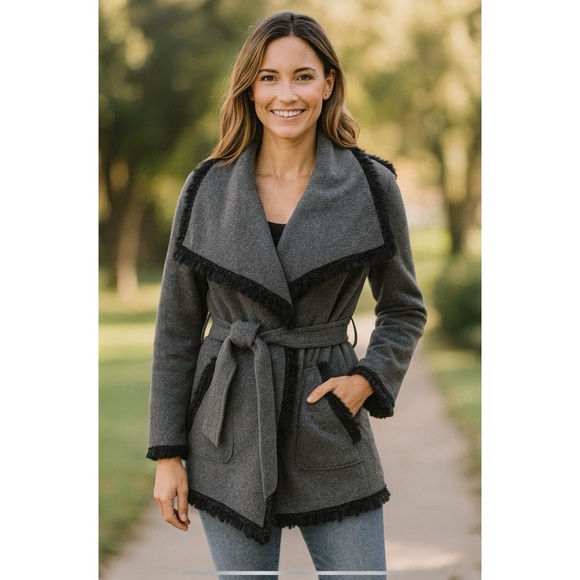 PAINC’S WOOL CASHMERE BELTED COAT SHAWL COLLAR BEADED TRIM ITALIAN LUXURY 46-10 - Picture 1 of 13